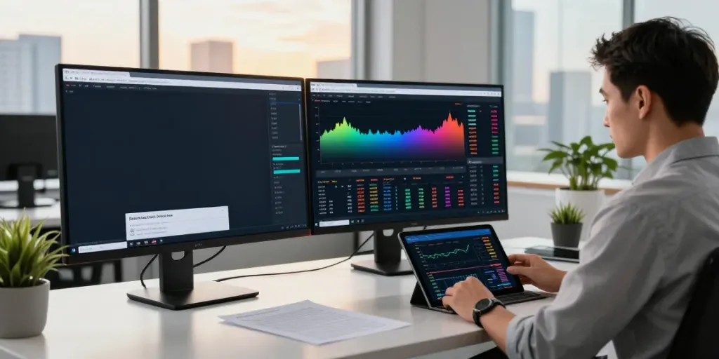 Trader using MetaTrader 5 platform for finance analysis in a modern workspace.