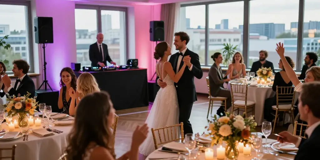 hochzeit DJ berlin brandenburg wedding reception with couple dancing and DJ booth in vibrant atmosphere