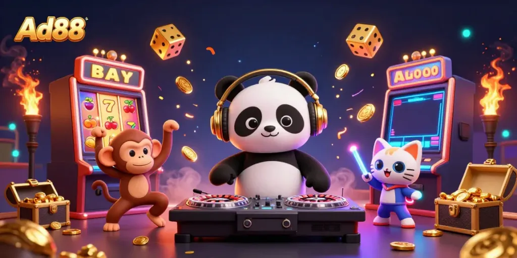 Engaging illustration of Ad88 featuring a DJ panda, dancing monkey, and glowing kitten in a vibrant casino scene.