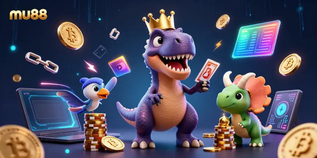 Engage with mu88 as a T-Rex shuffles cards while a pterodactyl assists, surrounded by neon crypto elements in a vibrant casino scene.