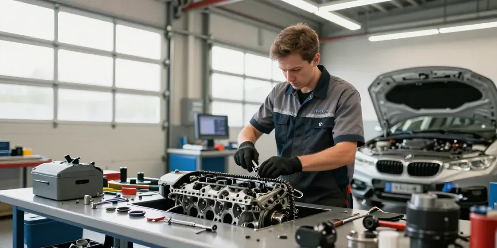 Mechanic working on BMW steuerkette replacement in Hannover workshop.