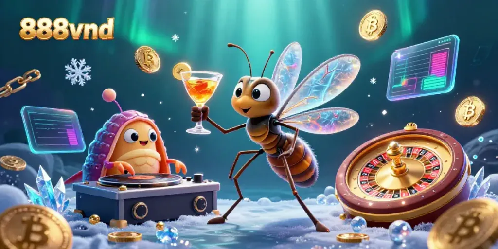 Engage with the vibrant 888vnd casino scene featuring a lively mosquito mascot and a trilobite DJ amidst glowing digital elements.