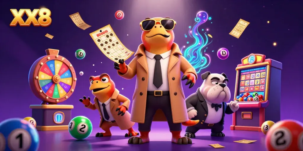 Enter the VIP lounge of XX8 casino with raptors and a bouncer in this vibrant 3D digital art.