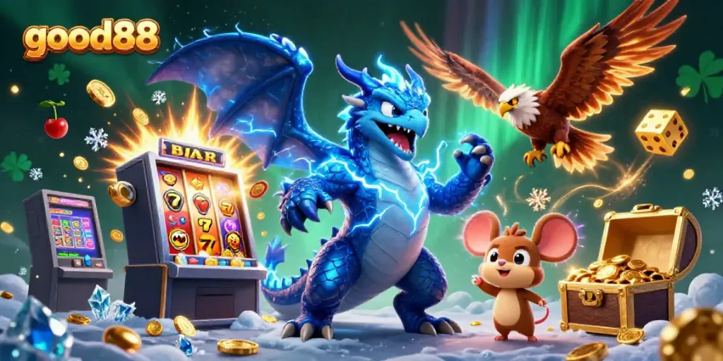 Experience winning thrills with good88's vibrant slots and dynamic casino characters in a colorful 3D scene.