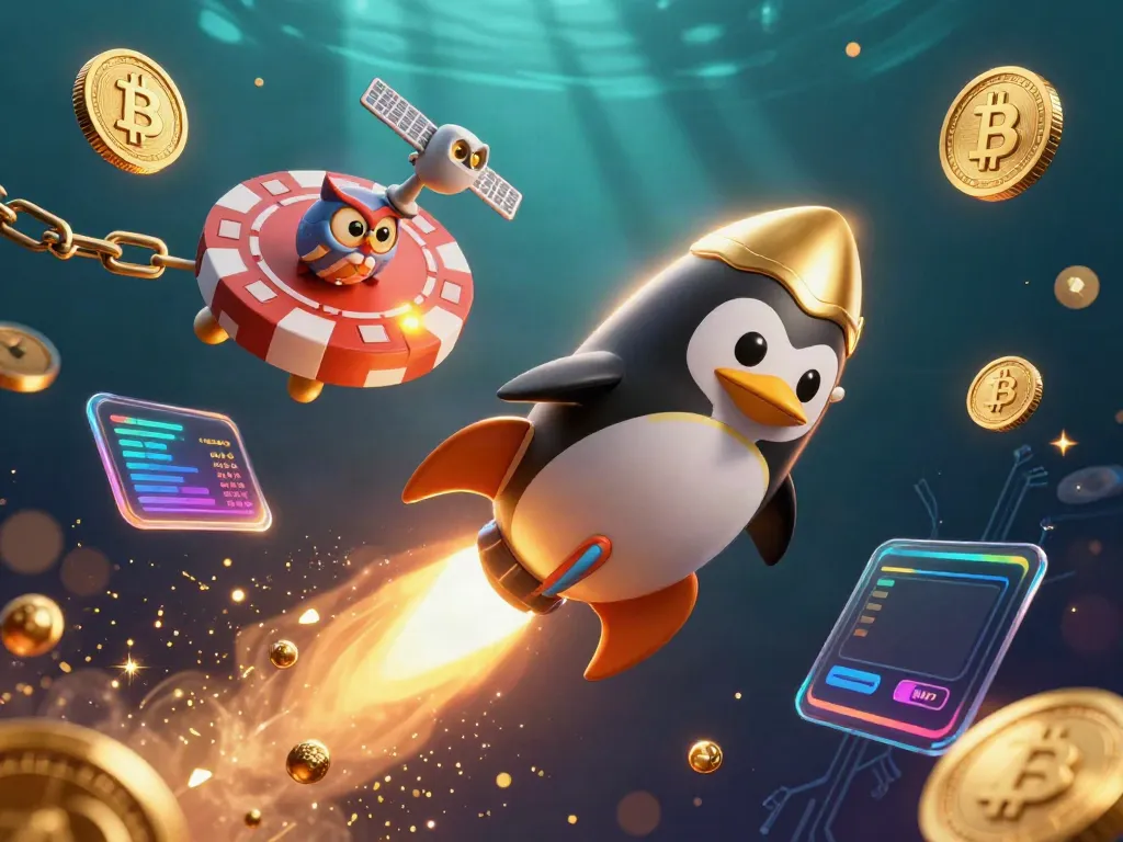 Experience U888's thrilling casino adventures with a golden penguin racing toward a poker chip station.