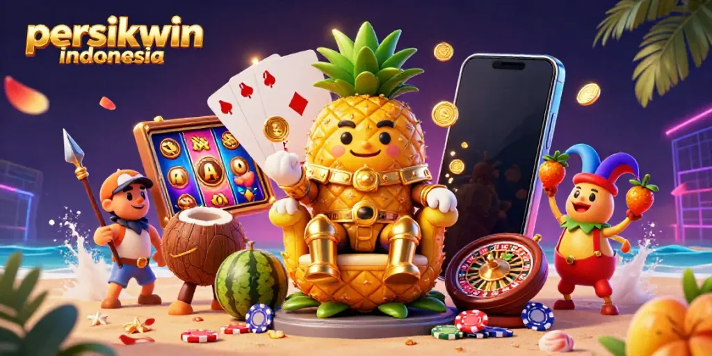 Permainan slot yang menarik di persikwin indonesia, dengan tokoh raja nanas dan elemen kasino yang kaya.