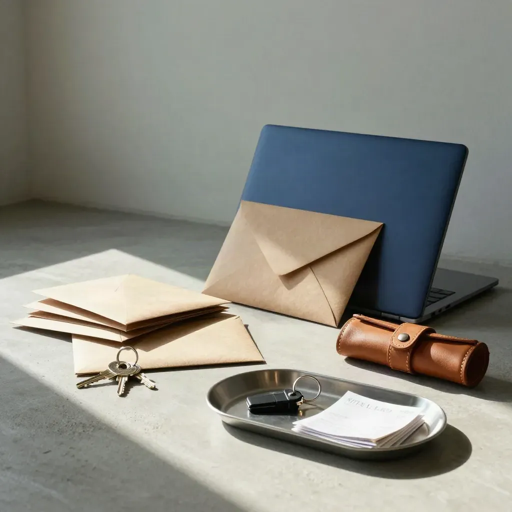 Loan-ready loft still life with closed laptop, kraft envelopes, keys, tool roll and metal tray in diagonal sunbeam