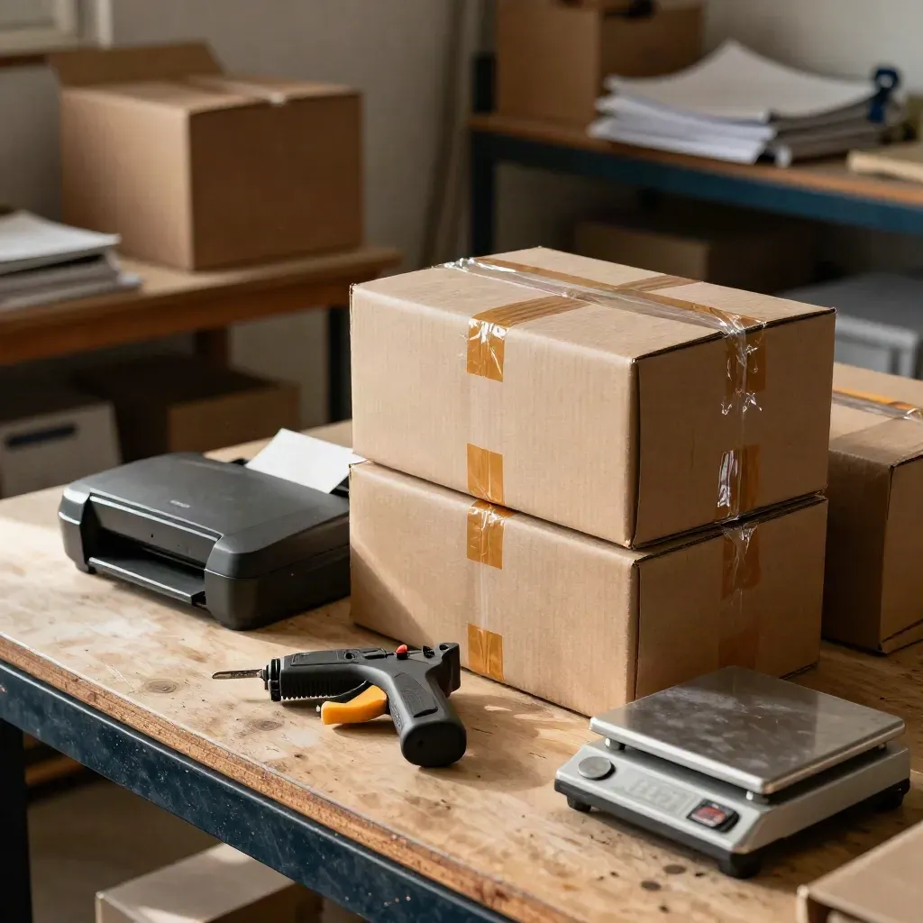 Inventory boxes, label printer, tape gun, and shipping scale on a workshop counter in warm light.