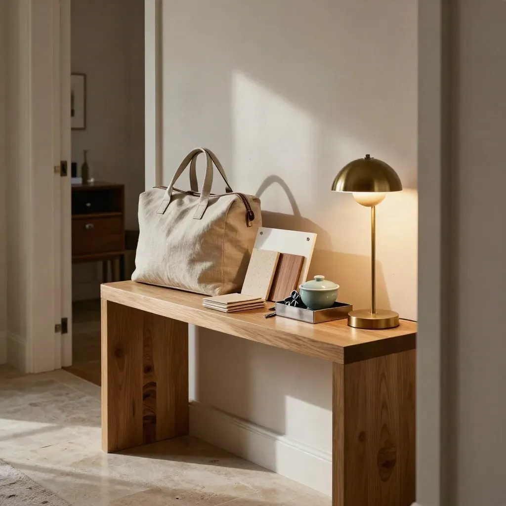 Apartment entry table with bag, repair samples, utility mail, keys, and lamp in warm afternoon light.