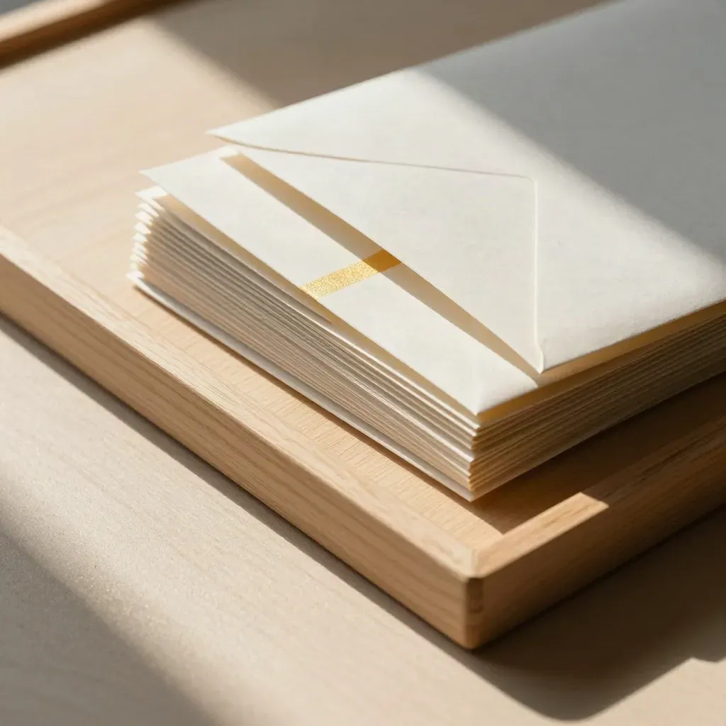 Billing envelopes slide into one clipped stack on pale wood, seen from above.
