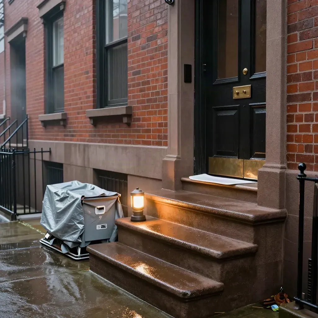 Rain-slick stoop with valve box, tarp, work light and freshly sealed doorway in mist.