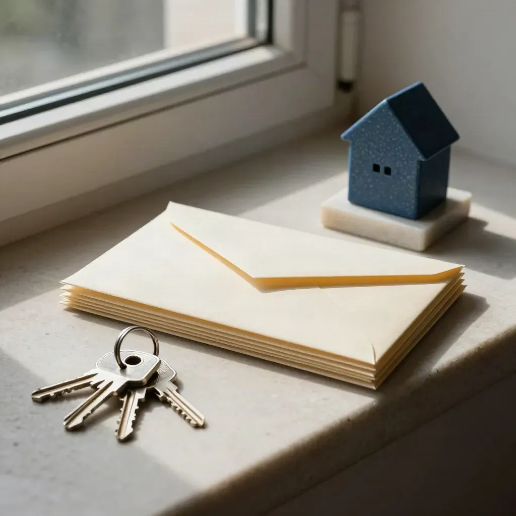 Cream envelopes, house keys, and a stone house paperweight on pale limestone in moody side light.