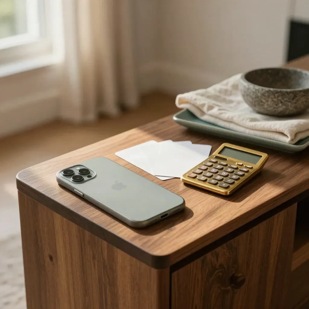 Face-down phone, brass calculator, and blank offer cards on a walnut sideboard in warm window light.