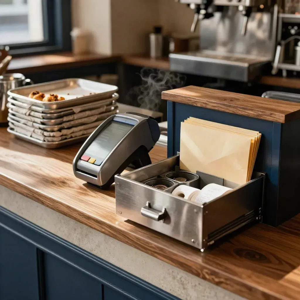Café counter with payment terminal, open cash drawer, pastry trays, and envelopes in warm afternoon light.