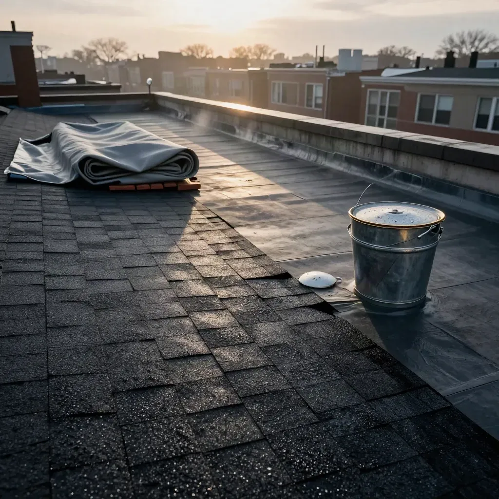 Fresh roof shingles, rolled tarp, vent and bucket on a Queens rooftop in warm dawn light.