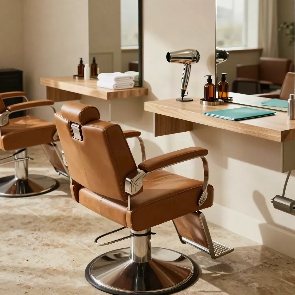 Empty Brooklyn salon station with a leather chair, folded towels, dryer hood and teal folder