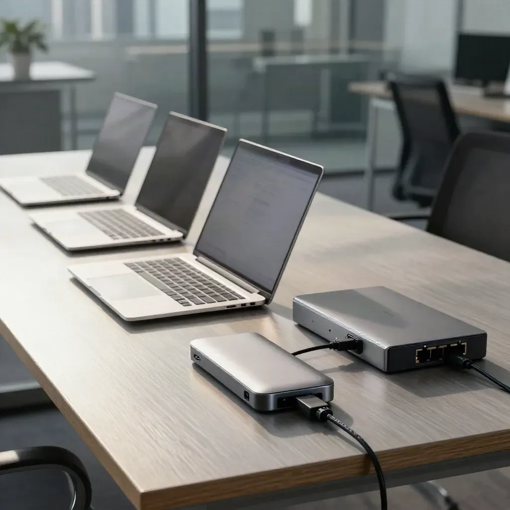 New laptops, docking hub, and switch on a Midtown office table