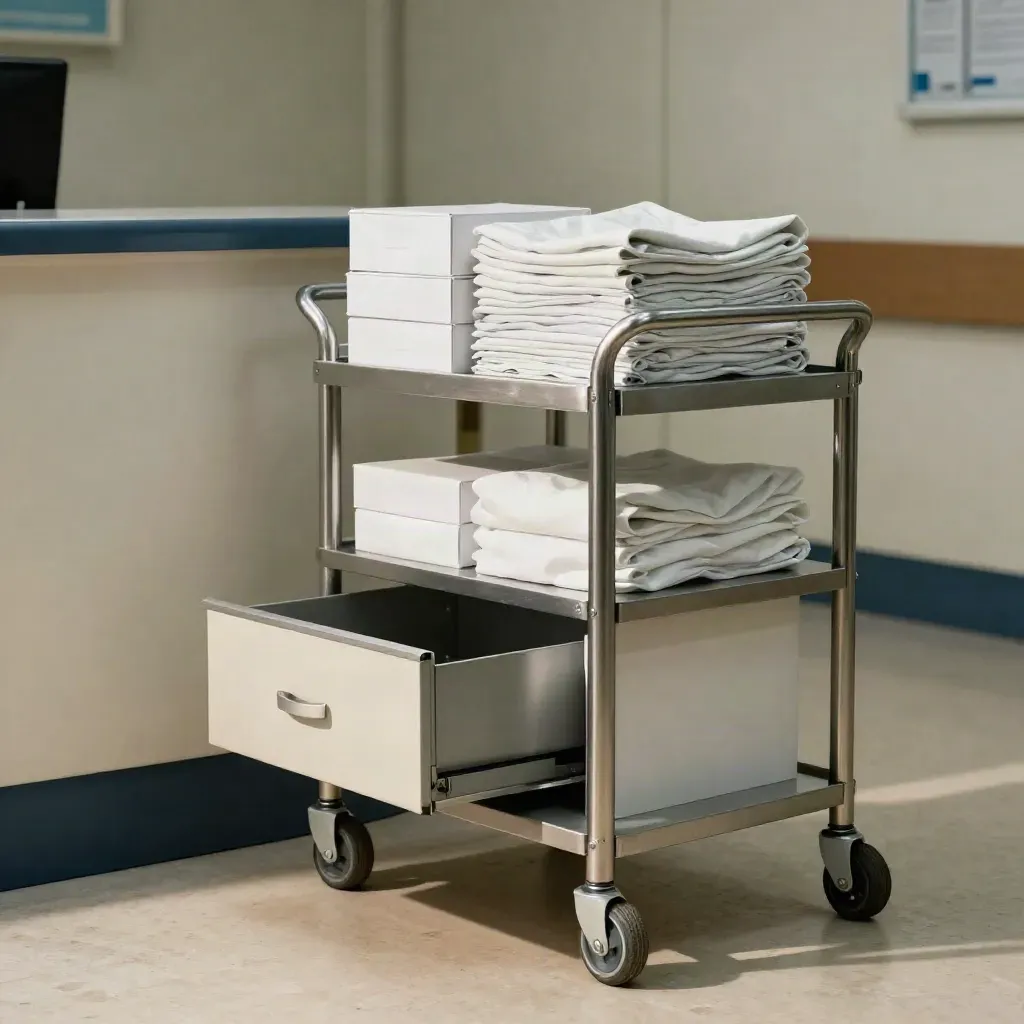 Clinic cart with sealed boxes, folded scrubs and an open cash drawer in a quiet reception corridor