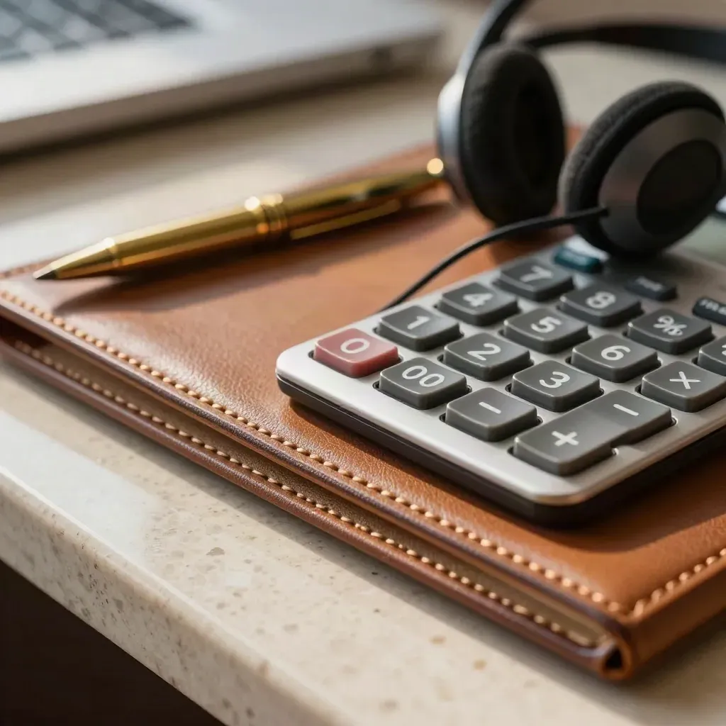 Macro of a calculator, brass pen and headset on a leather folio over travertine.