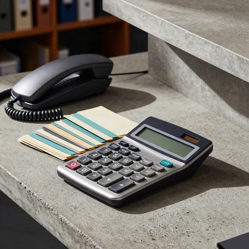 Calculator, teal file tabs, and a metal desk phone base on concrete in hard side light