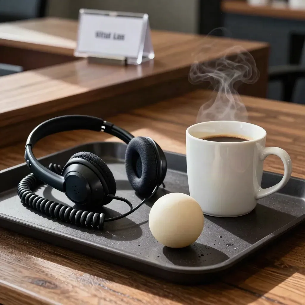 Support desk still life with headset, handset, stress ball and steaming mug on a tray
