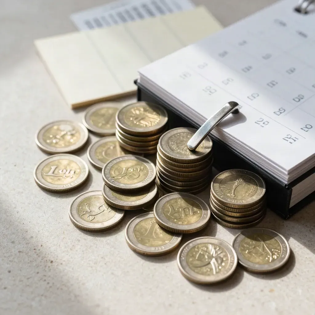Coins, a metal slider, and a closed calendar on pale stone, lit from the side.
