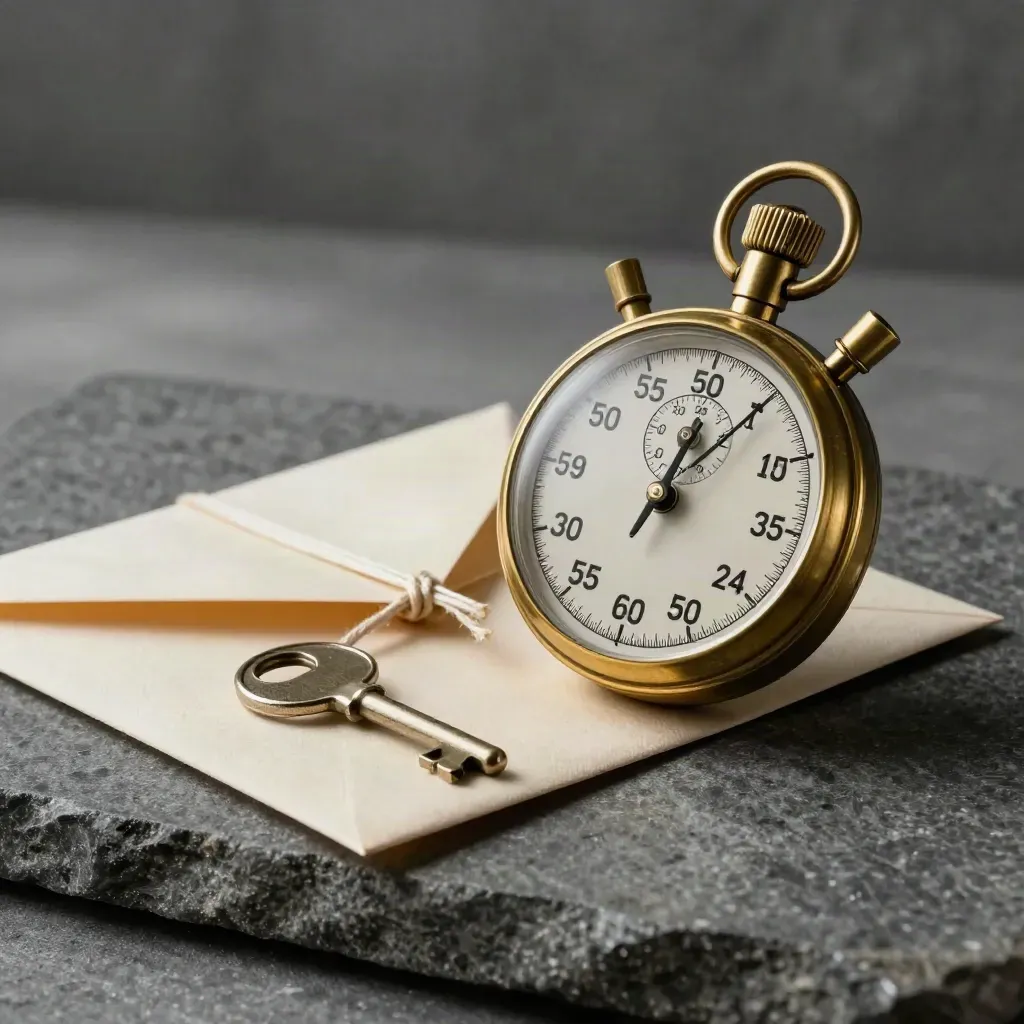 Brass stopwatch, locked envelope, and key on dark stone in a premium macro still life.