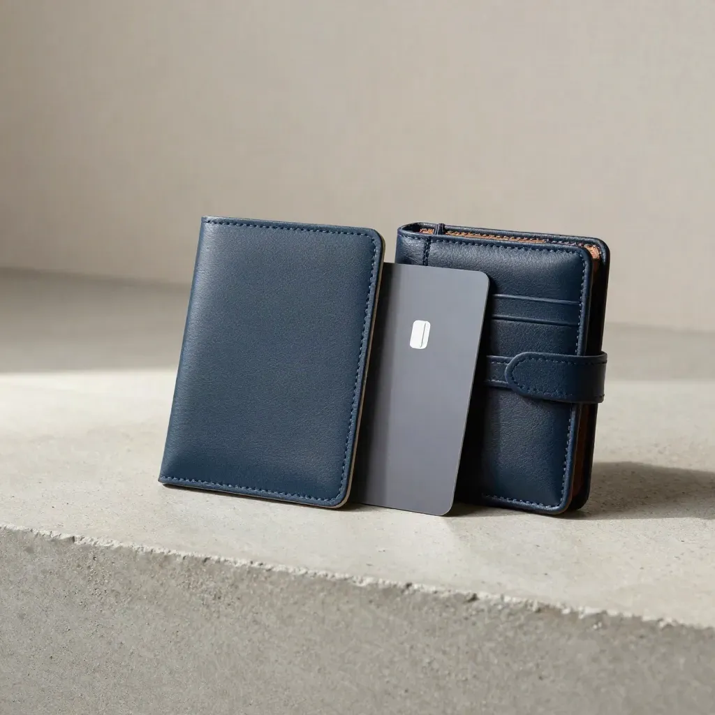 Passport card case, debit card and file wallet on brushed concrete in soft side light.