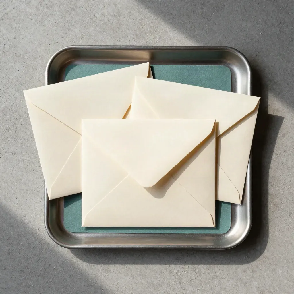 Overhead flatlay of sealed envelopes in a metal tray on concrete with soft teal accent.