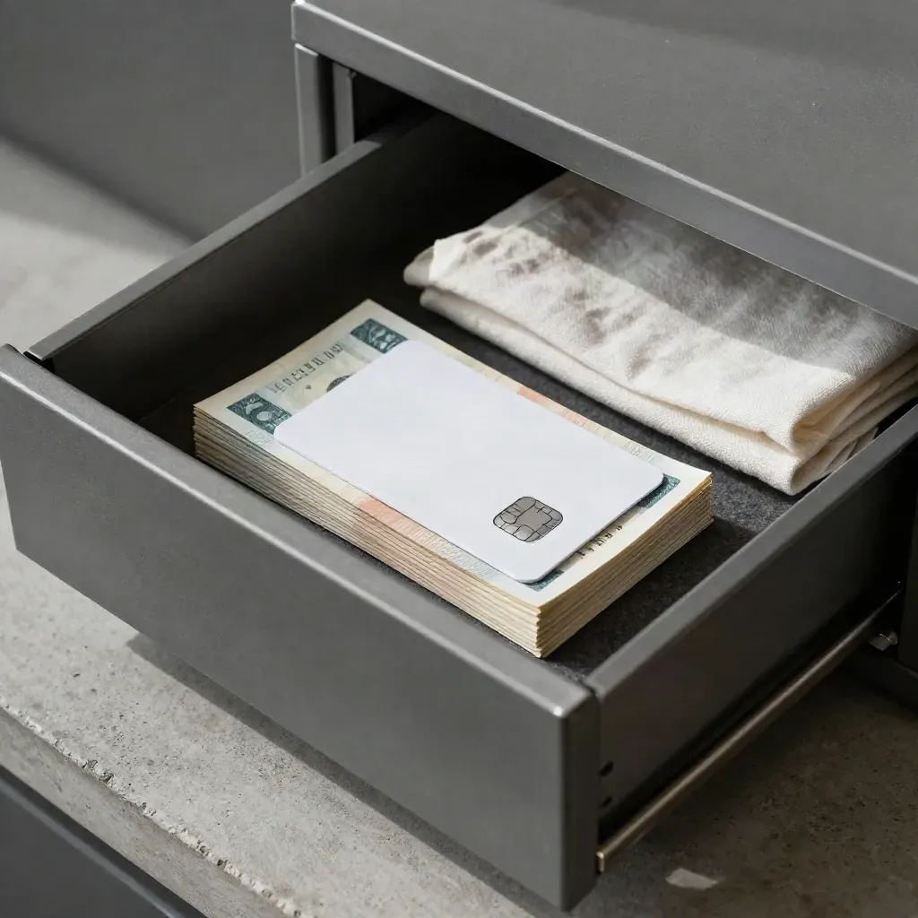 Open cash box drawer with banded notes and a blank card on felt, lit on concrete.
