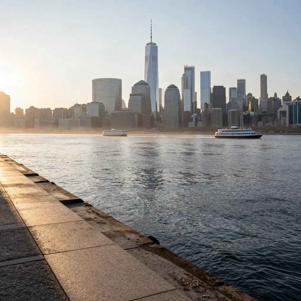 Manhattan skyline above a hazy Brooklyn waterfront at sunrise, ferries and stone piers.