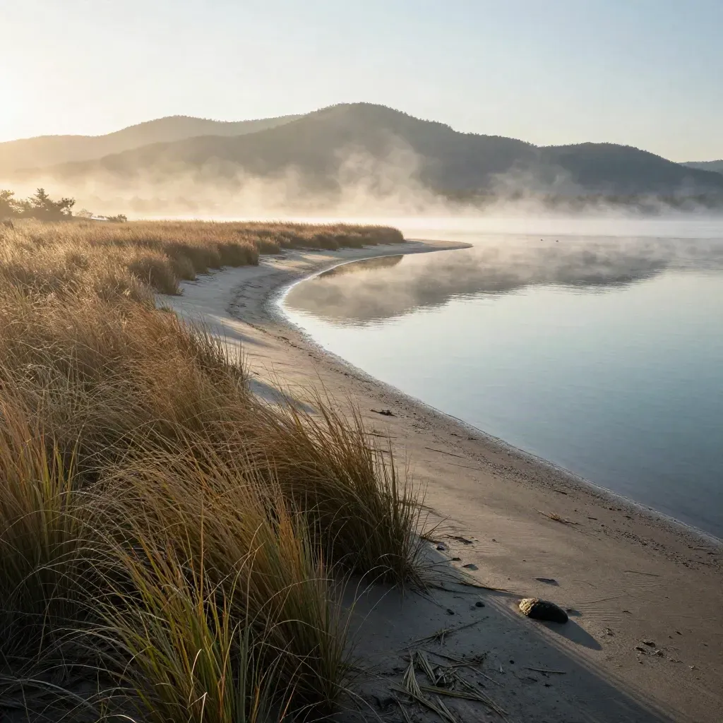Mist lifts over a Western Connecticut marsh inlet with grasses and distant ridge lines at dawn