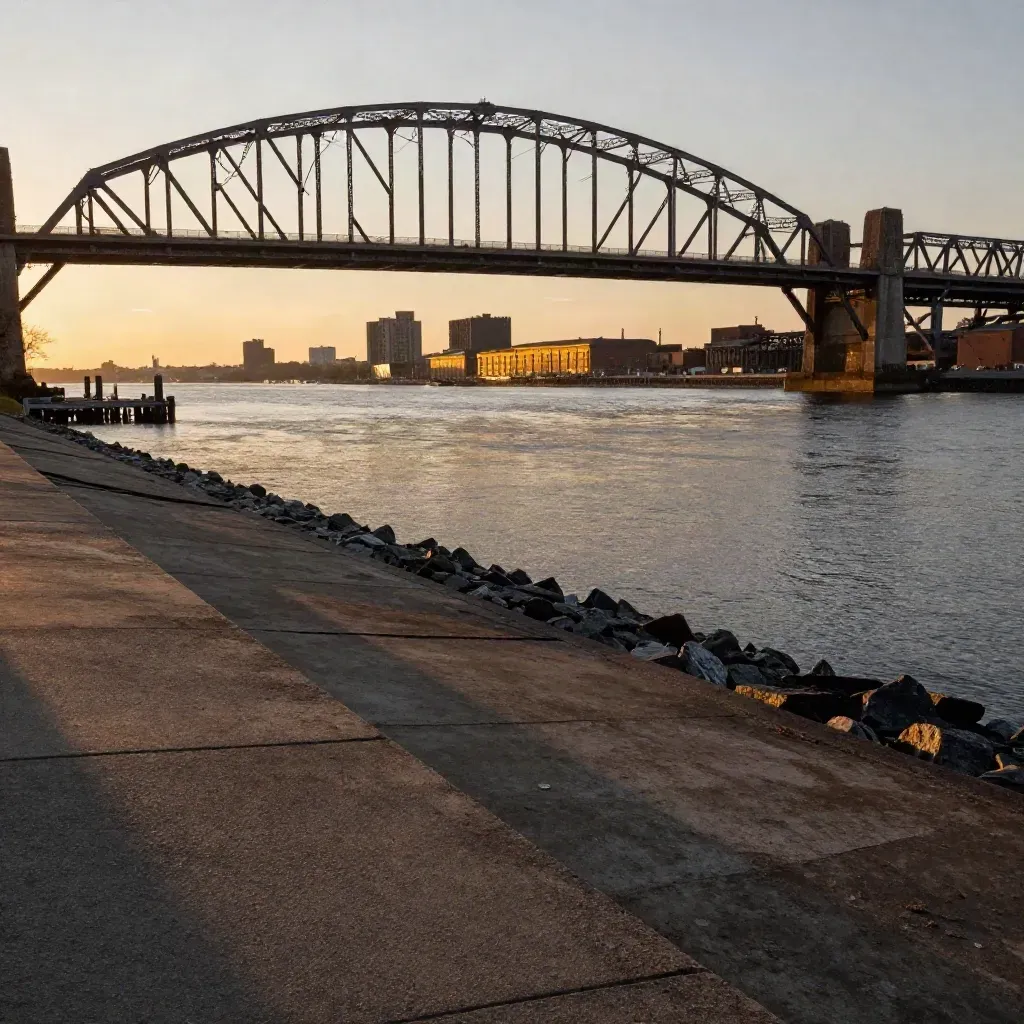 Newark riverfront bridge at sunset with wide calm water and industrial horizon