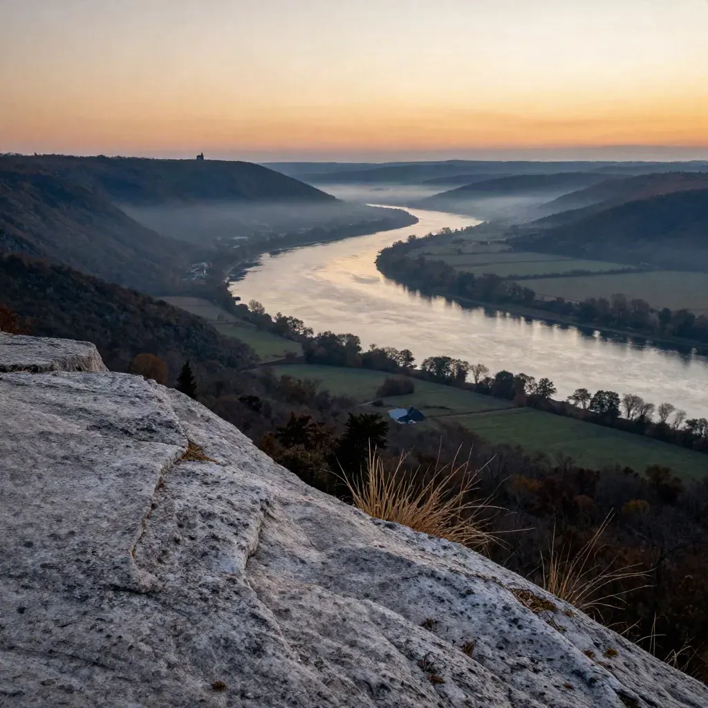 Hudson Valley overlook with river bend, layered hills, mist, and a tiny farmhouse at dusk.