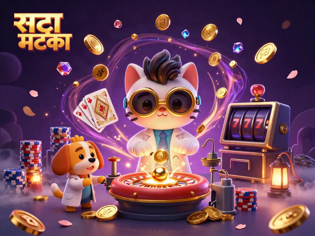 सट्टा मटका खेल को दर्शाते हुए 3D कैट वैज्ञानिक और कुत्ता सहायक, सोने के सिक्के और ज्वेल्स के साथ