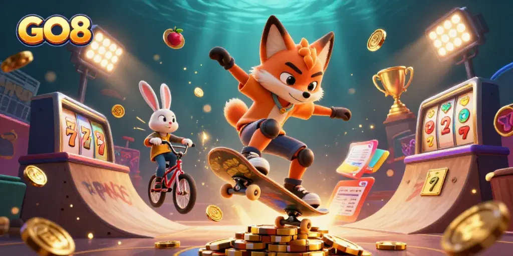 Experience GO8 with a skateboarder fox and BMX rabbit in a vibrant casino-themed setting featuring slot reels.