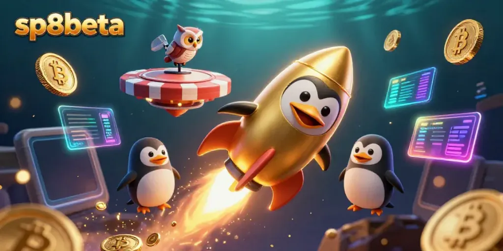 Engage with sp8beta's dynamic online casino experience, featuring a golden penguin and crypto elements.