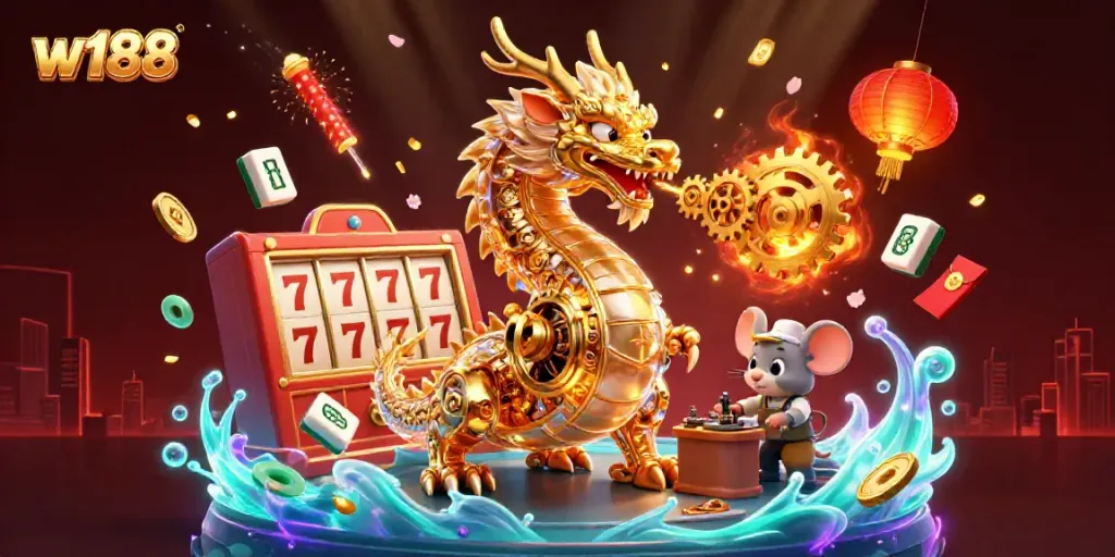Experience the thrilling world of w188 with a golden dragon and a mouse engineer amidst casino elements, showcasing excitement and fun.
