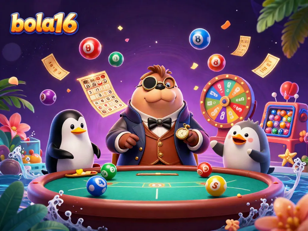 Bola16's engaging gaming scene featuring a jolly walrus at a poker table with dynamic elements.