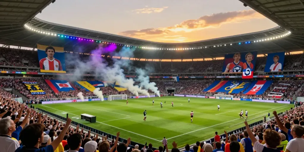 TOP10ตำนานนักเตะ celebrated in a vibrant football stadium filled with fans, capturing legendary moments.