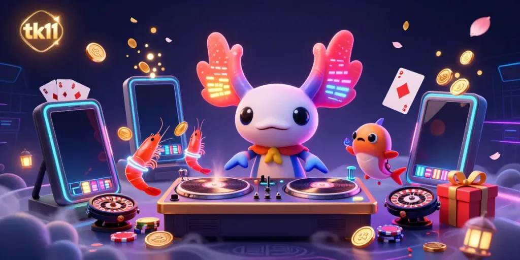 Engage in the vibrant gaming world of tk11 with a striking neon casino scene featuring an axolotl DJ and colorful game elements.