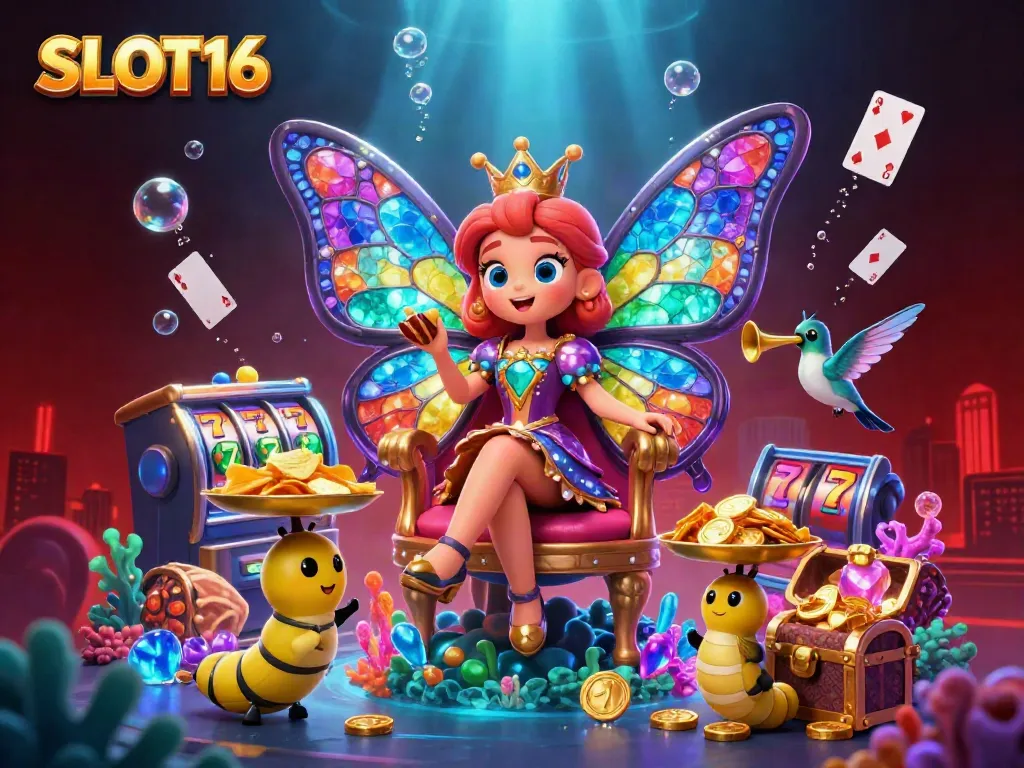 SLOT16 captivates with vibrant 3D butterfly queen in a lively casino scene featuring slot reels and gold treasures.