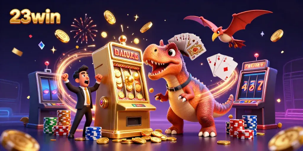 Experience the thrill of 23win with a playful 3D scene of cartoon dinosaurs in a dynamic casino setting, celebrating a jackpot win.