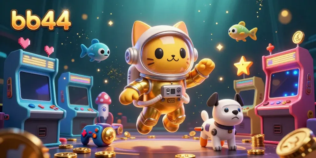 Engage in thrilling gameplay with bb44's energetic cosmic casino scene featuring 3D astronaut cat and robot dog.