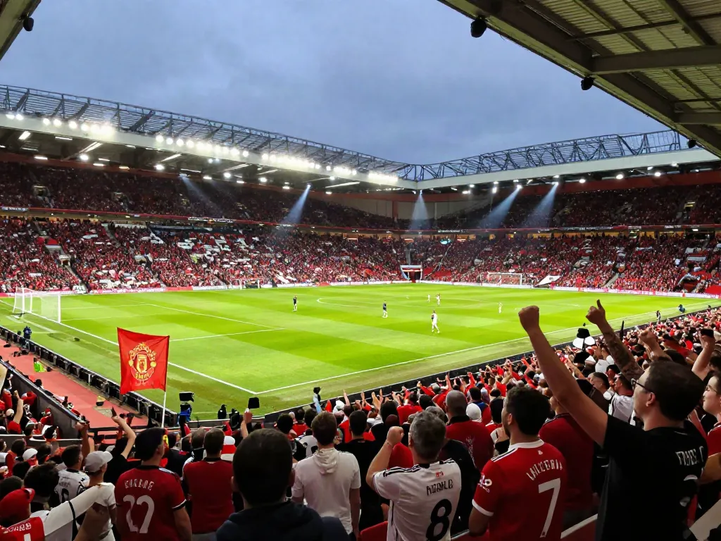 Dynamic match scene showing สถิติแมนยู พบ ลิเวอร์พูล with fans cheering and players in action.