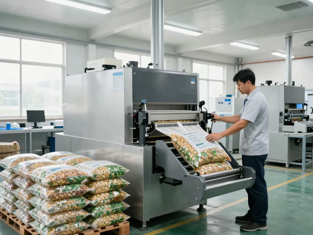 Open mouth bag filling machine efficiently packaging agricultural products in a modern facility.