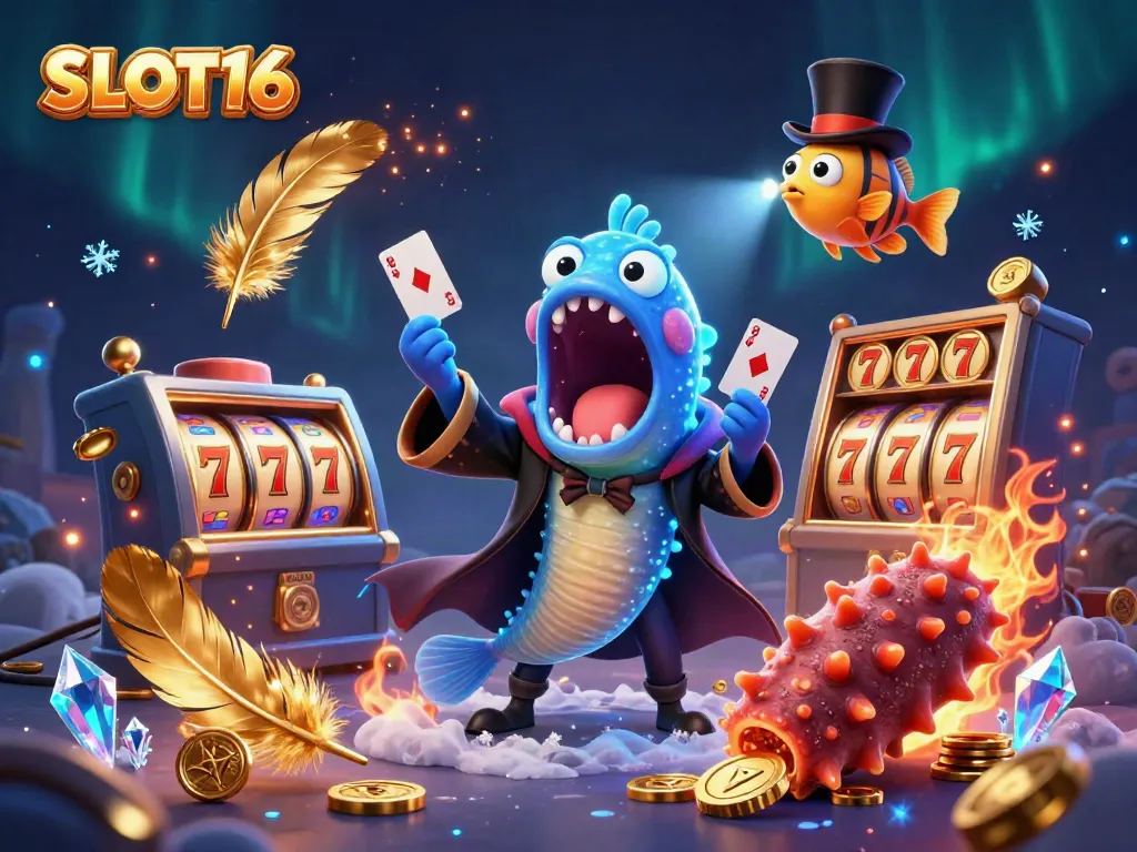 SLOT16 showcases a magical casino scene with vibrant characters performing tricks and slot machine elements.