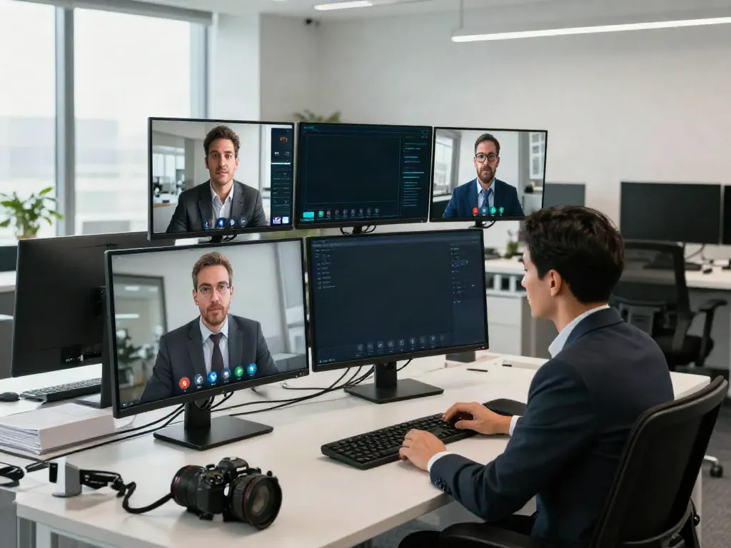 Deepfake-protected meetings with professionals engaged in secure video conferencing.