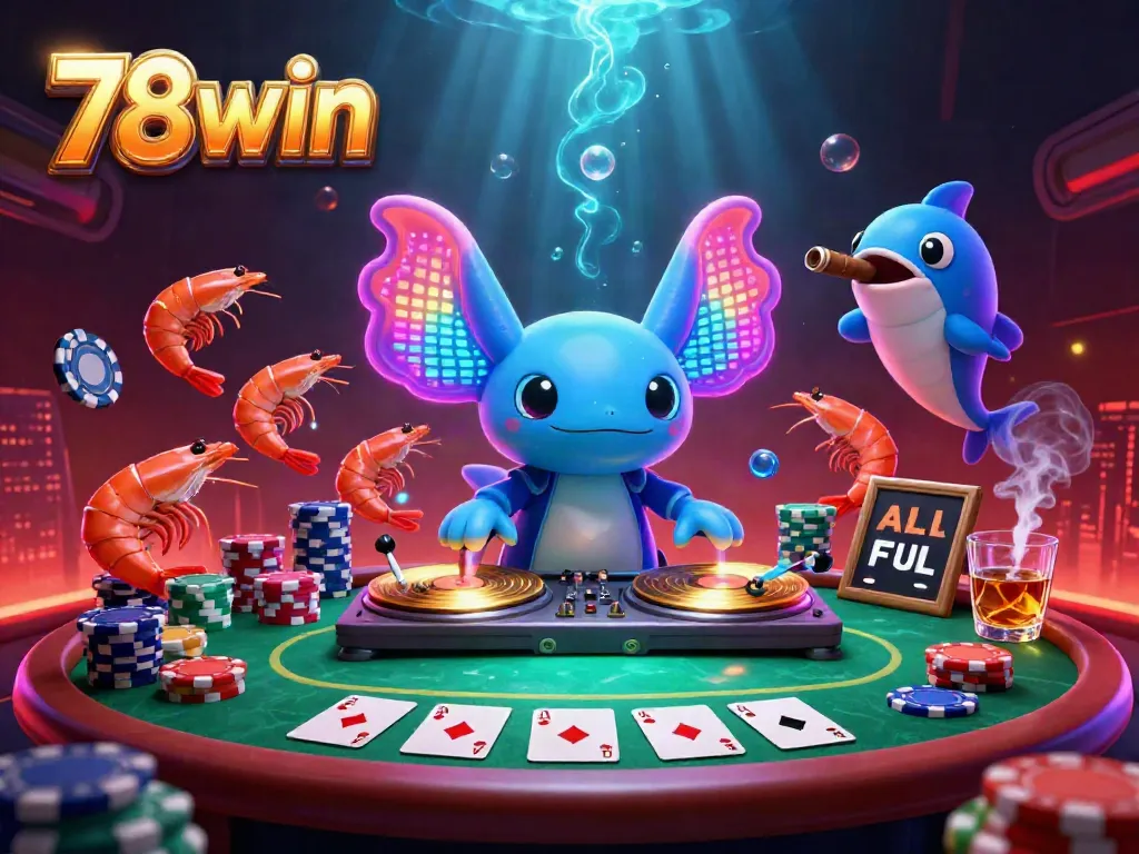 Experience the vibrant 78win casino scene with neon creatures celebrating online gambling.