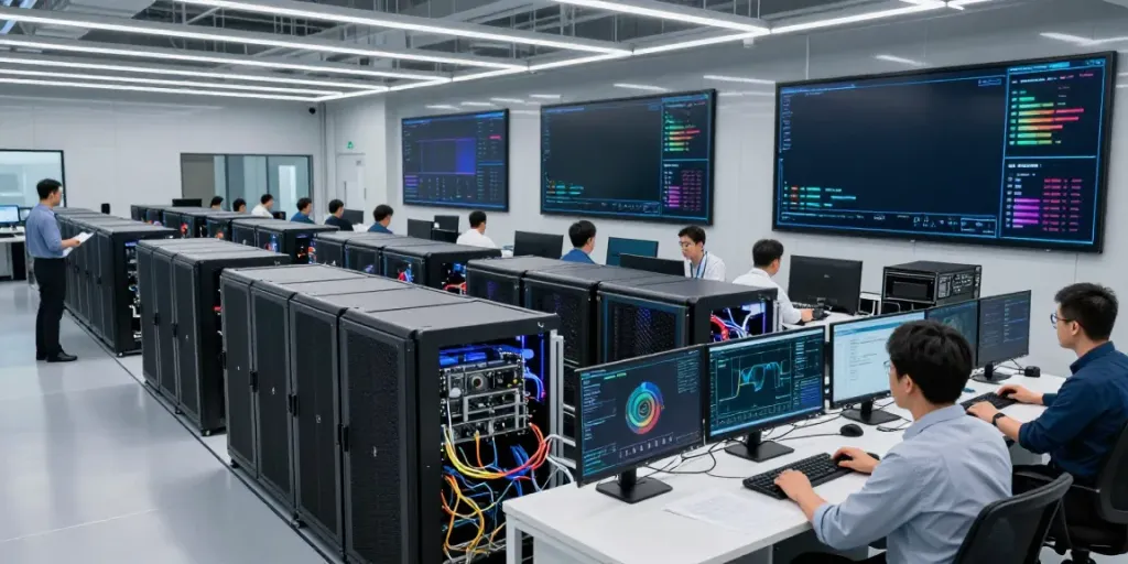 AI data center with GPU servers and technicians optimizing AI workloads in a high-tech environment.